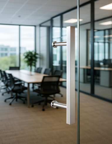 Vista Tirador Individual Cenot 450X300mm Inox, Instalado en puerta de vidrio